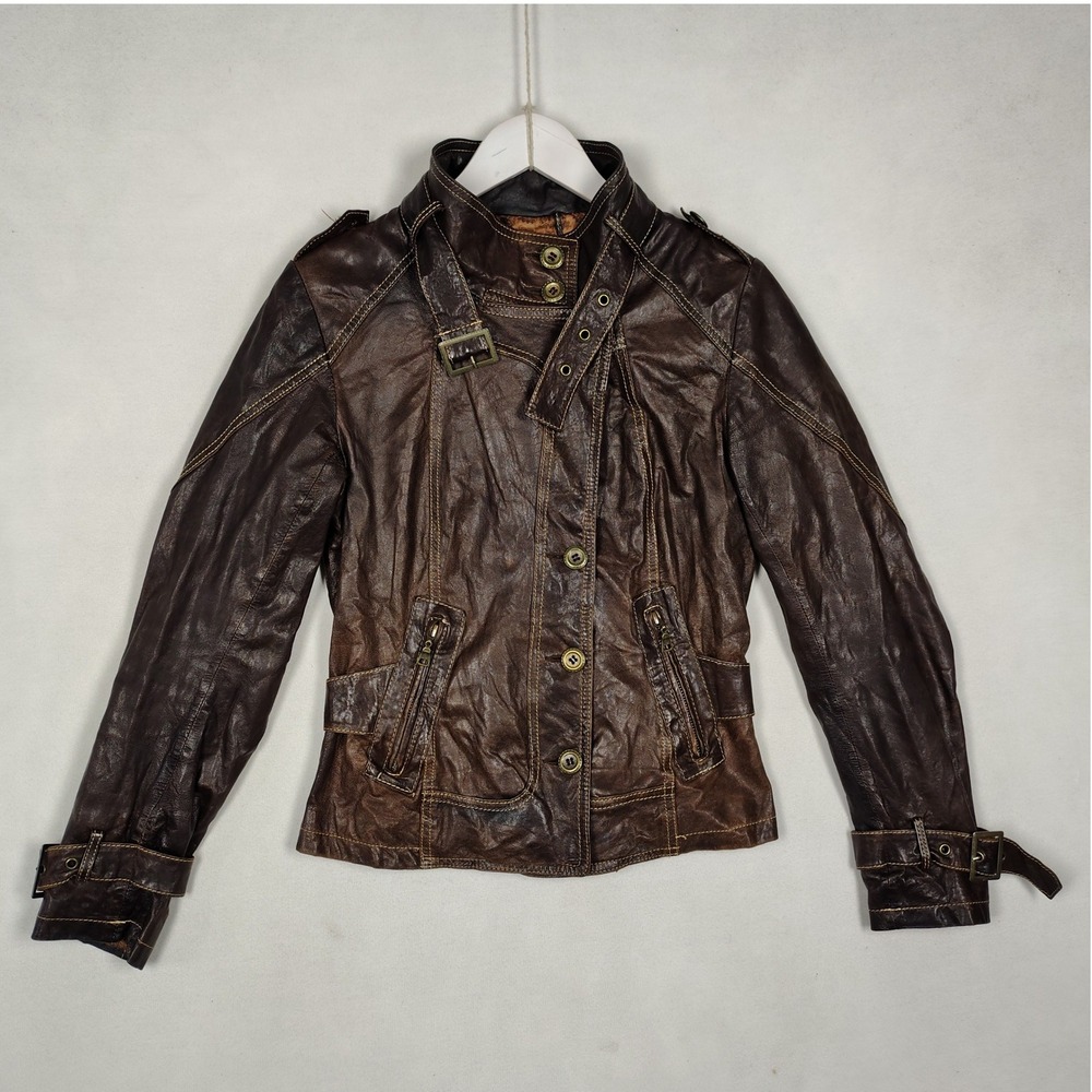 Danier Italian Leather Jacket Brown Distressed Paisley Lined XS